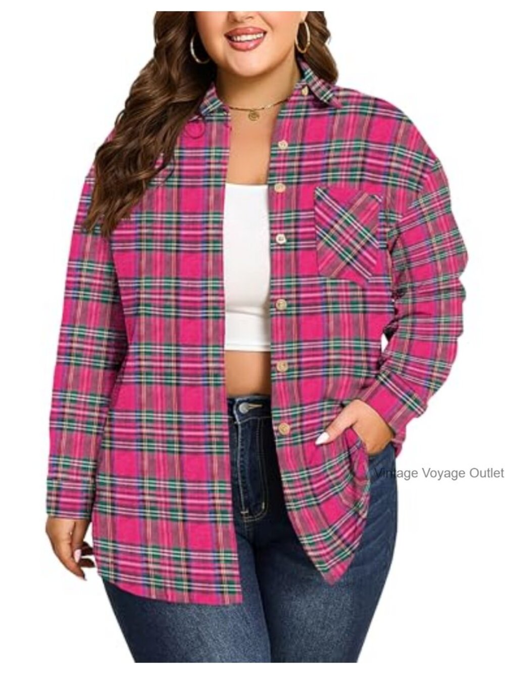 Plus Size Flannel Plaid Button Down Shirt Long Sleeve Collared Blouse Top